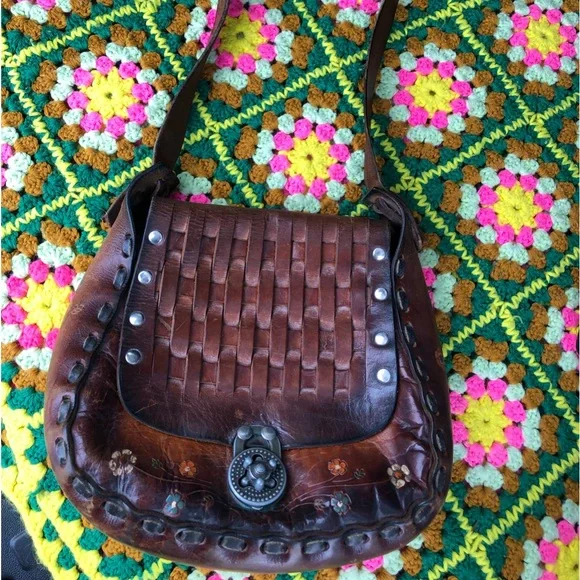 RARE vintage stamped Mexico  basket weave tooled leather shoulder hobo rare gem! - Picture 15 of 16